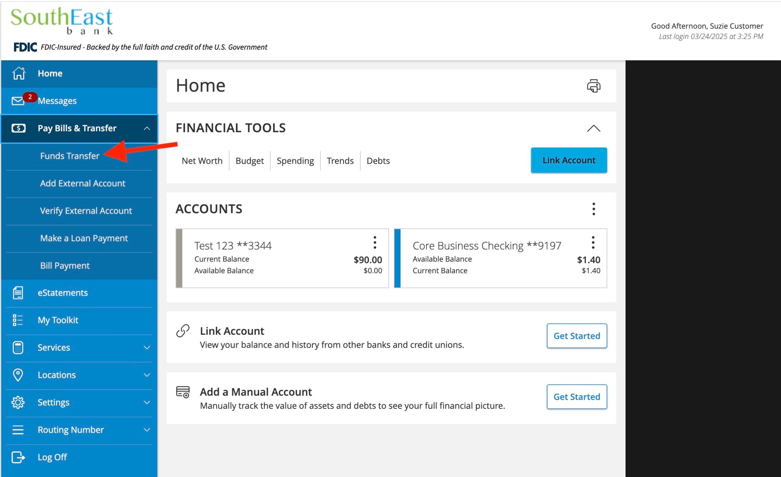 southeast bank online banking internal transfers clicking funds transfer